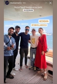 Zendaya poses with Tom Holland and others on a yacht. Zendaya poses with Tom Holland and others on a yacht.