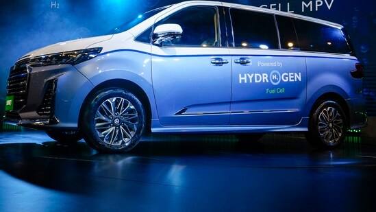 MG Motor's MG Euniq 7 hydrogen fuel cell powered MPV during its unveiling at the Auto Expo 2023. (PTI)