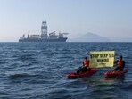 Greenpeace activists from New Zealand and Mexico confront the deep sea mining vessel Hidden Gem, commissioned by Canadian miner The Metals Company, as it returned to port from eight weeks of test mining in the Clarion-Clipperton Zone between Mexico and Hawaii, off the coast of Manzanillo, Mexico November 16, 2022.