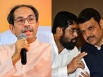 Shiv Sena (UBT) chief Uddhav Thackeray and Maharashtra CM Eknath Shinde and his deputy Devendra Fadnavis.