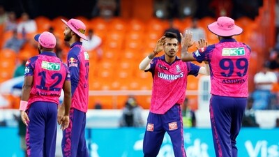 Rajasthan Royals' Yuzvendra Chahal celebrates a wicket with teammates in a match against Sunrisers Hyderabad during the Indian Premier League (IPL) 2023, at Rajiv Gandhi International Stadium, in Hyderabad on Sunday (IPL Twitter) Rajasthan Royals' Yuzvendra Chahal celebrates a wicket with teammates in a match against Sunrisers Hyderabad during the Indian Premier League (IPL) 2023, at Rajiv Gandhi International Stadium, in Hyderabad on Sunday (IPL Twitter)