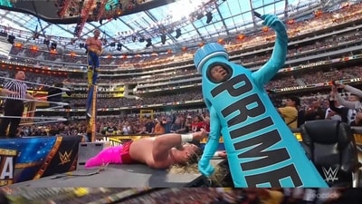 During the match, Paul's ally KSI was in the arena dressed as a 'Prime' drink bottle. (Twitter/@WWEonFOX)
