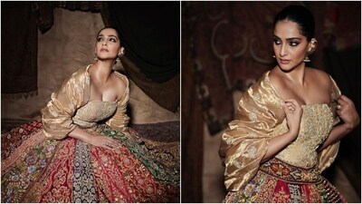 For the pink-carpet appearance, Sonam slipped into an embroidered lehenga and bustier blouse set. She shared the pictures on Instagram with the caption, "Wearing and representing my fairy godfathers @abujanisandeepkhosla who were the first people to ever dress me for my very first appearance. This lehenga is also seen at the fabulous @nmacc.india. It has 20 unique panels of embroidery representing 25 years of the brilliant @abujani1 and @sandeepkhosla. Love you both." (Instagram) For the pink-carpet appearance, Sonam slipped into an embroidered lehenga and bustier blouse set. She shared the pictures on Instagram with the caption, "Wearing and representing my fairy godfathers @abujanisandeepkhosla who were the first people to ever dress me for my very first appearance. This lehenga is also seen at the fabulous @nmacc.india. It has 20 unique panels of embroidery representing 25 years of the brilliant @abujani1 and @sandeepkhosla. Love you both." (Instagram)