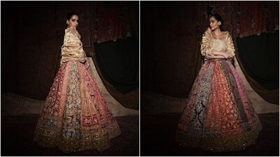 Sonam styled it with a strapless bustier blouse and a matching sleeve jacket accentuating her décolletage. The beige-coloured pieces feature intricate floral thread embroidery. (Instagram) Sonam styled it with a strapless bustier blouse and a matching sleeve jacket accentuating her décolletage. The beige-coloured pieces feature intricate floral thread embroidery. (Instagram)