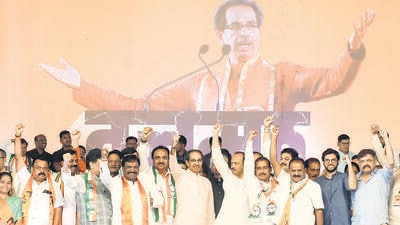 The rally, titled ‘Vajramuth’ (iron fist), was aimed at demonstrating the strength of the unity between the Shiv Sena (UBT), Nationalist Congress Party and Congress. At the beginning of the rally, all the leaders present paid their respects to a photograph of ‘Mother India’ and the Constitution of India. (Neelima Tak / HT Photo) The rally, titled ‘Vajramuth’ (iron fist), was aimed at demonstrating the strength of the unity between the Shiv Sena (UBT), Nationalist Congress Party and Congress. At the beginning of the rally, all the leaders present paid their respects to a photograph of ‘Mother India’ and the Constitution of India. (Neelima Tak / HT Photo)