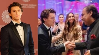Tom Holland with Mukesh Ambani at NMACC. Tom Holland with Mukesh Ambani at NMACC.