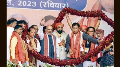 Union minister Amit Shah in Nawada on Sunday. (PTI) Union minister Amit Shah in Nawada on Sunday. (PTI)