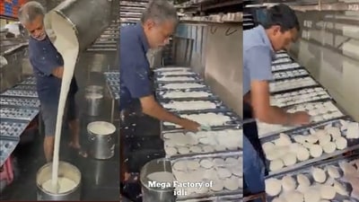 The image shows the men making idli on a mass scale. (Twitter/@anandmahindra) The image shows the men making idli on a mass scale. (Twitter/@anandmahindra)