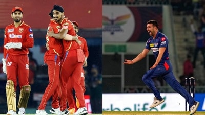 Arshdeep Singh with PBKS teammates; Mark Wood Arshdeep Singh with PBKS teammates; Mark Wood