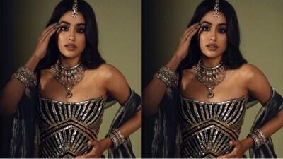 Janhvi Kapoor elevated her already stunning outfit by accessorizing it with a copper netted long dupatta, which she draped like a cape, adding an extra touch of drama to her look. (Instagram/@Janhvikapoor ) Janhvi Kapoor elevated her already stunning outfit by accessorizing it with a copper netted long dupatta, which she draped like a cape, adding an extra touch of drama to her look. (Instagram/@Janhvikapoor )