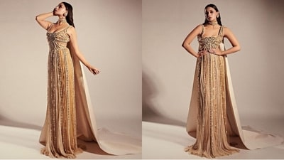 Earlier, on the day 2 of NMACC, Alia worn a stunning golden gown designed by Elie Saab showcasing a beautiful silhouette adorned with vertical rows of intricate embellishments and sequins. The addition of a cape, elevated the entire look to new heights. (Instagram/@Aliabhatt)