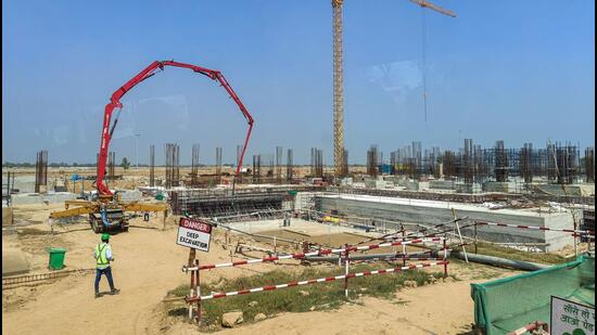 At the Noida International Airport construction site in March. (PTI)