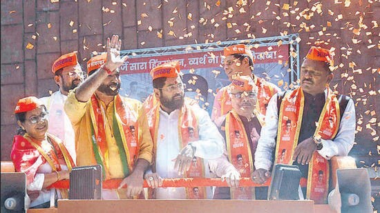 Thane, India - April, 02, 2023: Thane ShivSena (Shinde group ) and Thane BJP organized Savarkar Gaurav Yatra in Thane city on Sunday in which Maharashtra Chief Minister Eknath Shinde joined the yatra ,in Thane, in Mumbai, India, on, Sunday, April, 02, 2023. ( Praful Gangurde / HT Photo)