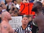 Brock Lesnar stunned Omos to win the head-to-head fight on night two of WrestleMania 39 on Sunday night(Twitter)