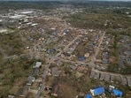 An aerial view of a tornado's path of destruction after a monster storm system tore through the South and Midwest, in Little Rock, Arkansas, U.S. April 2, 2023. REUTERS/Cheney Orr