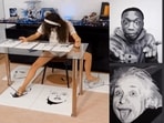 The image shows the ambidextrous artist drawing eight portraits using both her hands and feet at the same time. The image shows the ambidextrous artist drawing eight portraits using both her hands and feet at the same time.