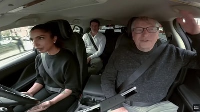 Bill Gates was accompanied by a safety driver and Alex Kendall, the founder-CEO of Wayve, (YouTube) Bill Gates was accompanied by a safety driver and Alex Kendall, the founder-CEO of Wayve, (YouTube)