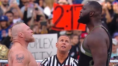 Brock Lesnar stunned Omos to win the head-to-head fight on night two of WrestleMania 39 on Sunday night (Twitter) Brock Lesnar stunned Omos to win the head-to-head fight on night two of WrestleMania 39 on Sunday night (Twitter)