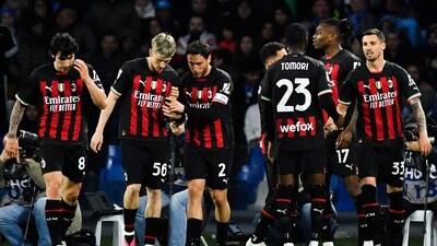 AC Milan's Portuguese forward Rafael Leao (2ndR) celebrates with his teammates (AFP) AC Milan's Portuguese forward Rafael Leao (2ndR) celebrates with his teammates (AFP)