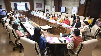 Gurugram, India-April 03, 2023: Renu Bhatia, Chairperson Haryana State Women's Commission held a meeting about domestic violence in PWD rest house at Sohna road near District court, in Gurugram, India, on Monday, 03 April 2023. (Photo by Parveen Kumar/Hindustan Times)(Pic to go with Abhishek's story)