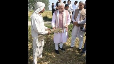 Haryana chief minister Manohar Lal Khattar interacting with a farmer while assessing damage to wheat crop at Tigrana village in Bawani Khera constituency of Bhiwani district on Monday. State agriculture minister JP Dalal is also seen. (HT Photo) Haryana chief minister Manohar Lal Khattar interacting with a farmer while assessing damage to wheat crop at Tigrana village in Bawani Khera constituency of Bhiwani district on Monday. State agriculture minister JP Dalal is also seen. (HT Photo)