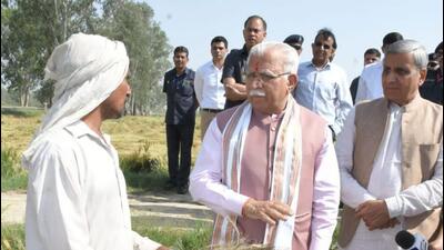 Haryana chief minister Manohar Lal Khattar on Monday inspected affected fields in Tigrana village of Bhiwani district. He said the affected farmers will be compensated as per the special girdawari reports. Unseasonal rains have wreaked havoc on crops in the state. (HT Photo)