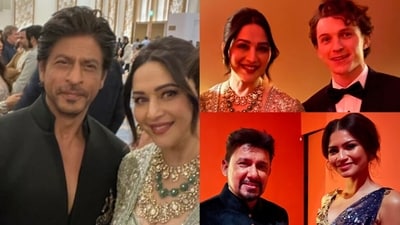 Madhuri Dixit and Shriram Nene posed with Shah Rukh Khan, Tom Holland, Zendaya in NMACC. Madhuri Dixit and Shriram Nene posed with Shah Rukh Khan, Tom Holland, Zendaya in NMACC.