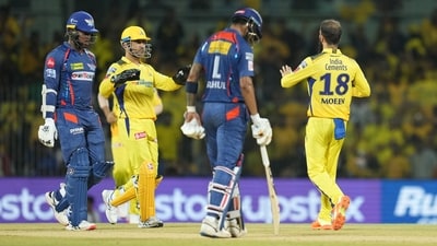 Chennai Super Kings bowler Moeen Ali celebrates with team captain MS Dhoni after the wicket of Lucknow Super Giants batter KL Rahul (PTI) Chennai Super Kings bowler Moeen Ali celebrates with team captain MS Dhoni after the wicket of Lucknow Super Giants batter KL Rahul (PTI)