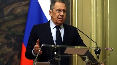 Russian Foreign Minister Sergei Lavrov attends a joint press conference with his Nicaraguan counterpart following their talks in Moscow on March 30, 2023. (Photo by MAXIM SHIPENKOV / POOL / AFP) (AFP)