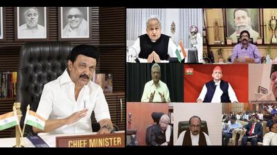 Tamil Nadu chief minister MK Stalin and other Opposition leaders at the meeting on Monday. (PTI) Tamil Nadu chief minister MK Stalin and other Opposition leaders at the meeting on Monday. (PTI)