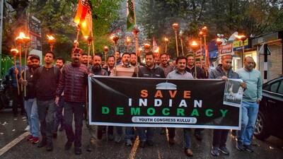 Congress workers take out a protest march over the disqualification of Congress leader Rahul Gandhi from Lok Sabha, in Kullu, Himachal, Monday. (PTI) Congress workers take out a protest march over the disqualification of Congress leader Rahul Gandhi from Lok Sabha, in Kullu, Himachal, Monday. (PTI)