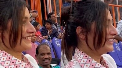 IPL 2023: Dhanashree Verma celebrates Yuzvendra Chahal's four-wicket haul. (Twitter) IPL 2023: Dhanashree Verma celebrates Yuzvendra Chahal's four-wicket haul. (Twitter)