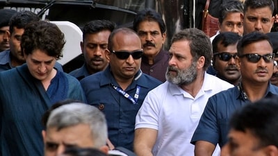 Congress leader Rahul Gandhi with his sister and party General Secretary Priyanka Gandhi Vadra at Surat District Court after filing an appeal against his conviction in the 2019 defamation case, in Surat on Monday. (ANI) Congress leader Rahul Gandhi with his sister and party General Secretary Priyanka Gandhi Vadra at Surat District Court after filing an appeal against his conviction in the 2019 defamation case, in Surat on Monday. (ANI)