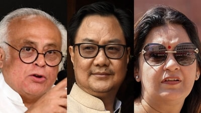 Congress general secretary Jairam Ramesh, Union law minister Kiren Rijiju and Shiv Sena (UBT) MP Priyanka Chaturvedi. (PTI file) Congress general secretary Jairam Ramesh, Union law minister Kiren Rijiju and Shiv Sena (UBT) MP Priyanka Chaturvedi. (PTI file)