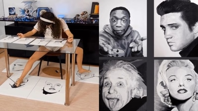 The image shows the ambidextrous artist drawing eight portraits using both her hands and feet at the same time. (Instagram/@Cp_AmDoIlce)