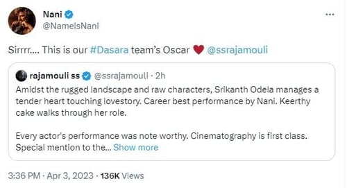 SS Rajamouli took to Twitter to heap praise on the film.