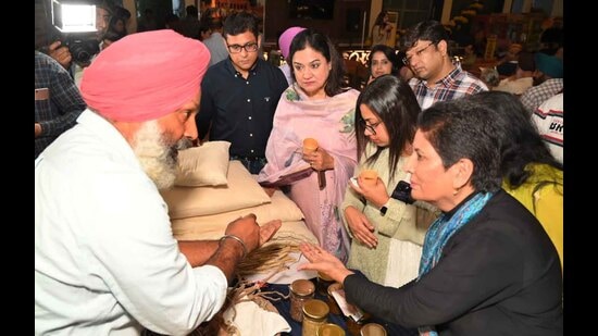 A farmer displaying his organic products during an event in Ludhiana. (HT Photo)