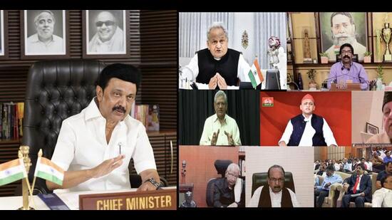 Tamil Nadu chief minister MK Stalin and other Opposition leaders at the meeting on Monday. (PTI)