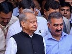Rajasthan Chief Minister Ashok Gehlot with Himachal Pradesh Chief Minister Sukhvinder Singh Sukhu in Surat.(PTI file)