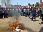 People belonging to the Banjara community protest against the state cabinet's decision to give internal reservation amongst the Scheduled Castes, in Shivamogga. (PTI)