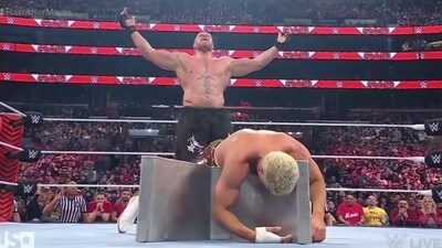 Brock Lesnar betrayed Cody Rhodes at the start of their tag team match against Roman Reigns and Solo Sikoa, Lesnar mercilessly beat Rhodes. (Twitter) Brock Lesnar betrayed Cody Rhodes at the start of their tag team match against Roman Reigns and Solo Sikoa, Lesnar mercilessly beat Rhodes. (Twitter)
