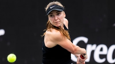 Elina Svitolina, of Ukraine, returns a shot to Yulia Putintseva, of Kazakhstan, during action at the Charleston Open tennis tournament in Charleston, S.C., Monday, April 3, 2023. (AP Photo/Mic Smith) (AP) Elina Svitolina, of Ukraine, returns a shot to Yulia Putintseva, of Kazakhstan, during action at the Charleston Open tennis tournament in Charleston, S.C., Monday, April 3, 2023. (AP Photo/Mic Smith) (AP)