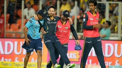 Gujarat Titan's Kane Williamson is carried off the field after he got injured (AP)