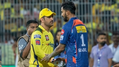 MS Dhoni of Chennai Super Kings and KL Rahul of Lucknow Super Giants after the Indian Premier League cricket match between the Chennai Super Kings and the Lucknow Super Giants (AP)