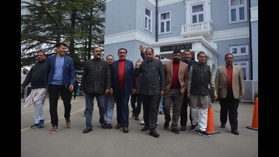 Leader of Opposition Jai Ram Thakur along with other BJP MLAs walks out of the Himachal assembly over the outsourced employees issue in Shimla on Tuesday. (Deepak Sansta /HT) Leader of Opposition Jai Ram Thakur along with other BJP MLAs walks out of the Himachal assembly over the outsourced employees issue in Shimla on Tuesday. (Deepak Sansta /HT)