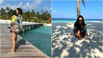 Lastly, Neha chose a dark green swimsuit and printed cover-up for chilling on the beach with her two kids, Mehr Dhupia Bedi and Guriq Singh Dhupia Bedi, and basking in the sun by the sea. The swimsuit features a strapless neckline and ribbed design. (Instagram) Lastly, Neha chose a dark green swimsuit and printed cover-up for chilling on the beach with her two kids, Mehr Dhupia Bedi and Guriq Singh Dhupia Bedi, and basking in the sun by the sea. The swimsuit features a strapless neckline and ribbed design. (Instagram)