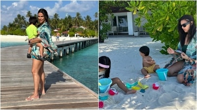 Neha wore the monokini and the quirky printed cover-up with white flip-flops, open tresses, tinted glasses, and a no-makeup look. Which outfit of Neha do you like the most? (Instagram) Neha wore the monokini and the quirky printed cover-up with white flip-flops, open tresses, tinted glasses, and a no-makeup look. Which outfit of Neha do you like the most? (Instagram)