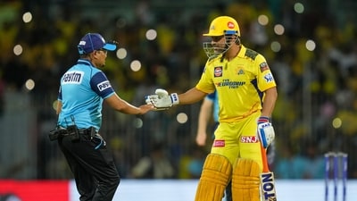 Chennai Super Kings captain MS Dhoni with umpire during the IPL 2023 cricket match between Chennai Super Kings and Lucknow Super Giants, at M. A. Chidambaram Stadium, in Chennai (PTI) Chennai Super Kings captain MS Dhoni with umpire during the IPL 2023 cricket match between Chennai Super Kings and Lucknow Super Giants, at M. A. Chidambaram Stadium, in Chennai (PTI)