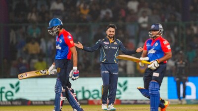 Rashid Khan came in late but bowled four overs on the trot and took three wickets. Axar Patel smashed a few big ones towards the end which got Delhi Capitals to a score of 162/8 (PTI) Rashid Khan came in late but bowled four overs on the trot and took three wickets. Axar Patel smashed a few big ones towards the end which got Delhi Capitals to a score of 162/8 (PTI)