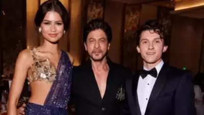 Shah Rukh Khan posed with Zendaya and Tom Holland at the NMACC event. Shah Rukh Khan posed with Zendaya and Tom Holland at the NMACC event.